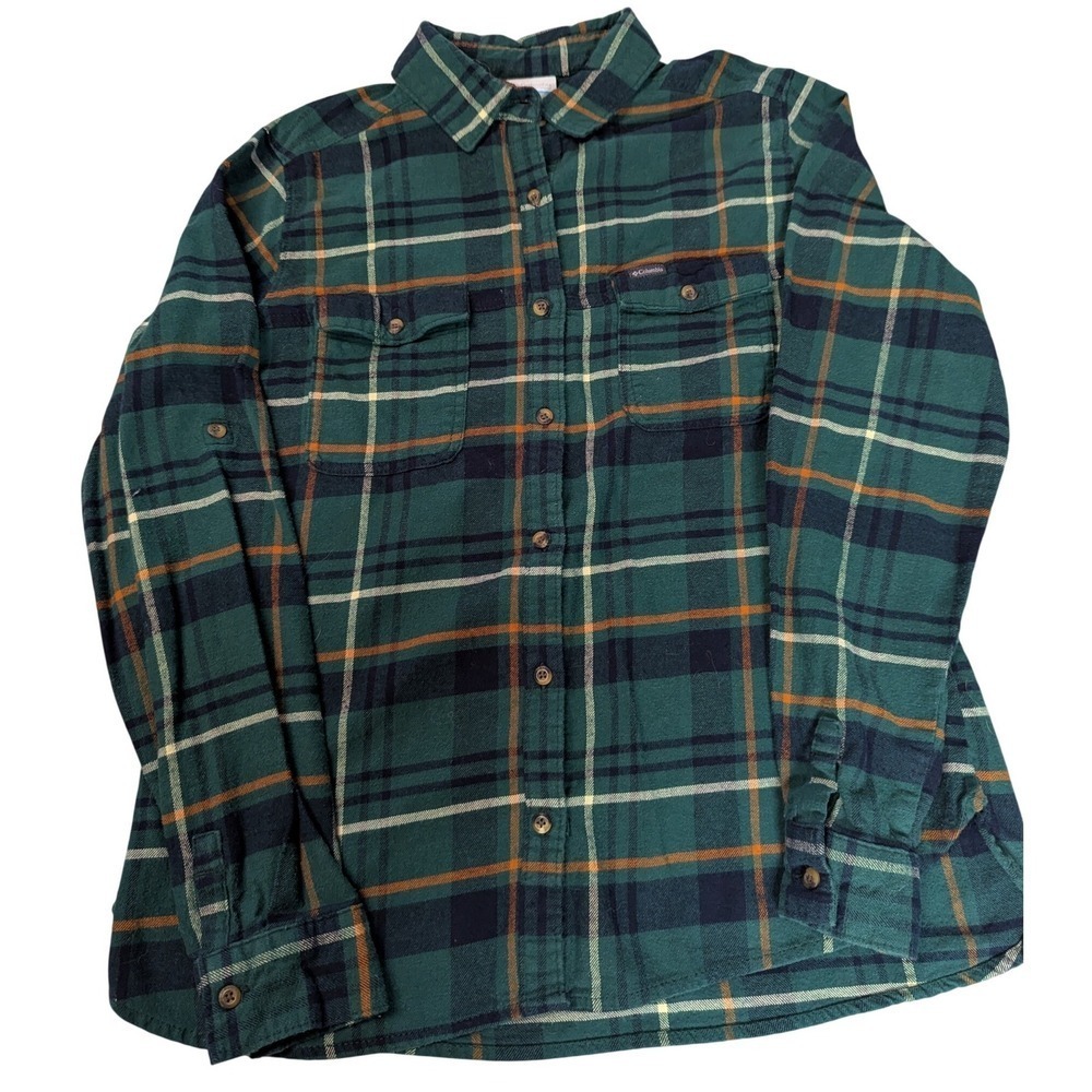 Columbia Men's Plaid Long Sleeve Button Up Flannel Shirt Green Navy Orange Sze L
